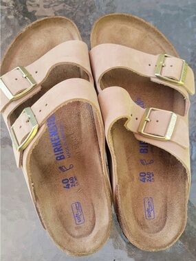 Birkenstock Tan/ Pink Two-Strap Sandals